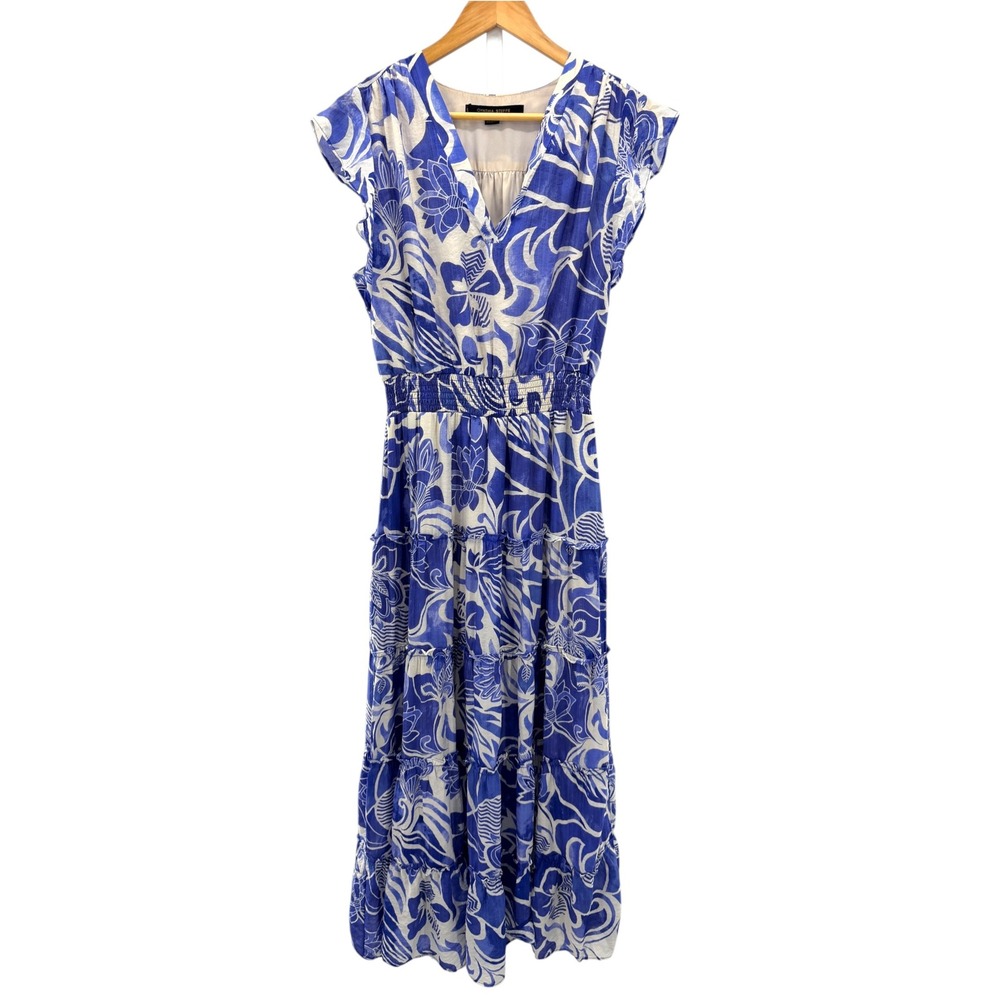 Cynthia Steffe Floral Maxi Dress Medium Blue White Smocked Tiered Coastal Boho